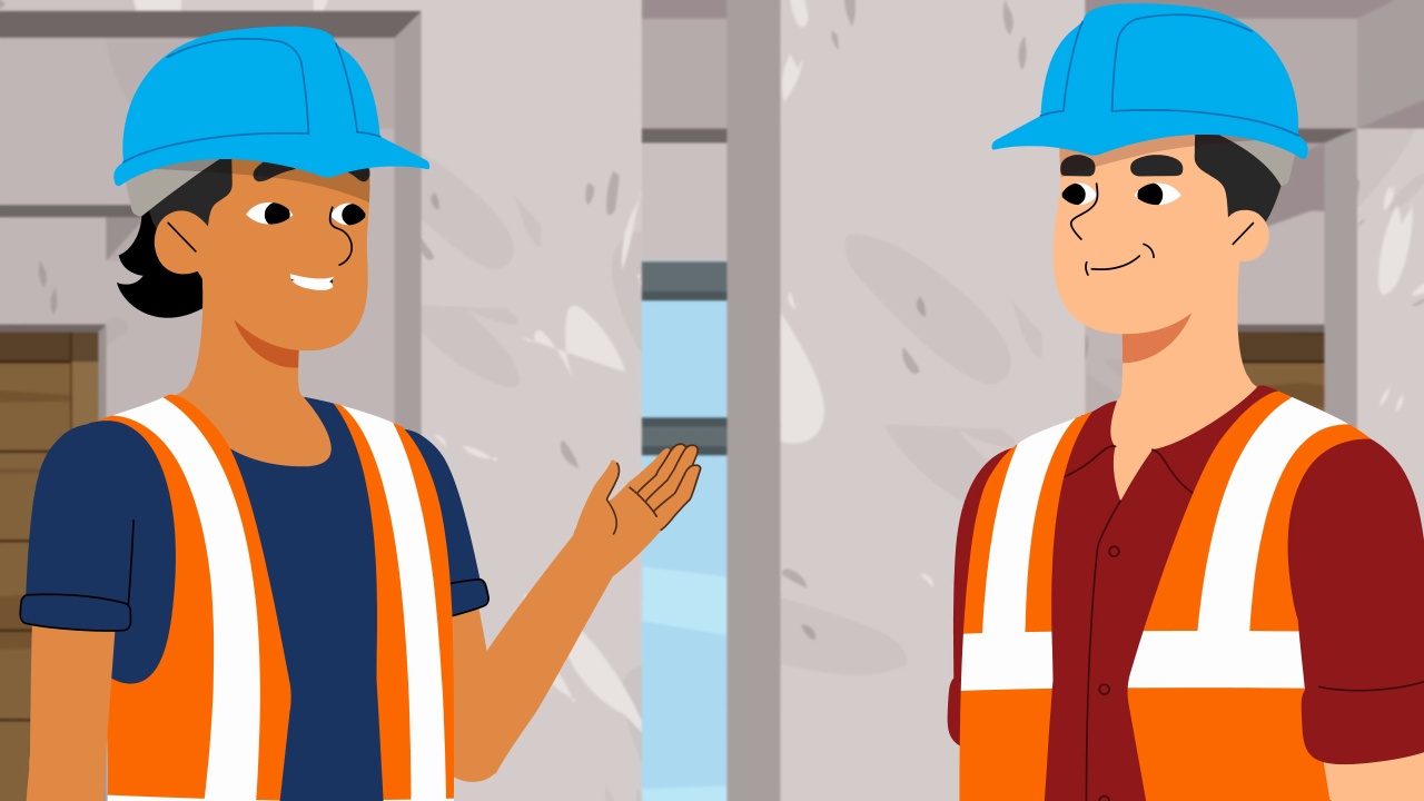 Cartoon explainer video example with two workers in hard hats